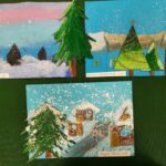 trzy prace plastyczne przedstawiajace zaśnieżone domy i drzewa