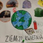 jest to druga praca Jakuba- plakat, na którym idać tytuł Dzień Ziemi- 22 kwietnia oraz kolorowe kosze na śmieci i wycinki z gazet o zagrożeniach dla naszej ziemi.