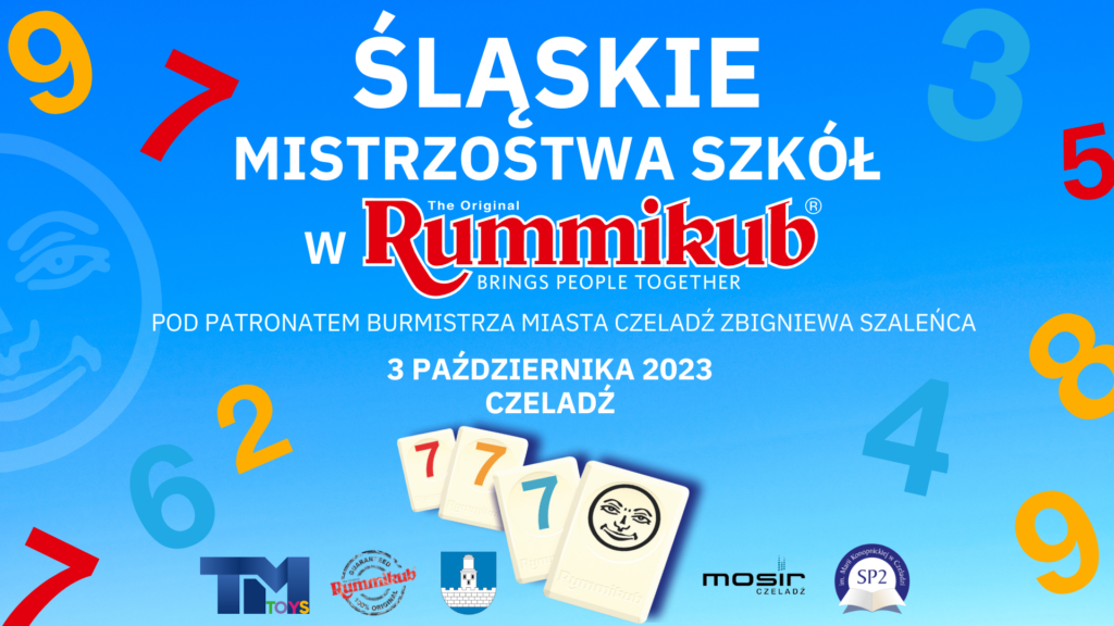 Reklama-plakat - na niebieskim tlle napis II Śląskie mistrzostwa szkół w Rummikub
