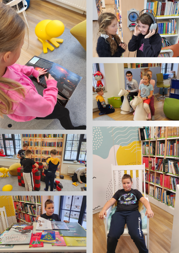 Kolaż zdjęć przedstawiający dzieci, które spędzają czas wolny w bibliotece