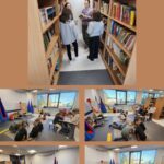 Kolaż zdjęć przedstawiających nową salę biblioteczną i spędzających w niej czas czytelników