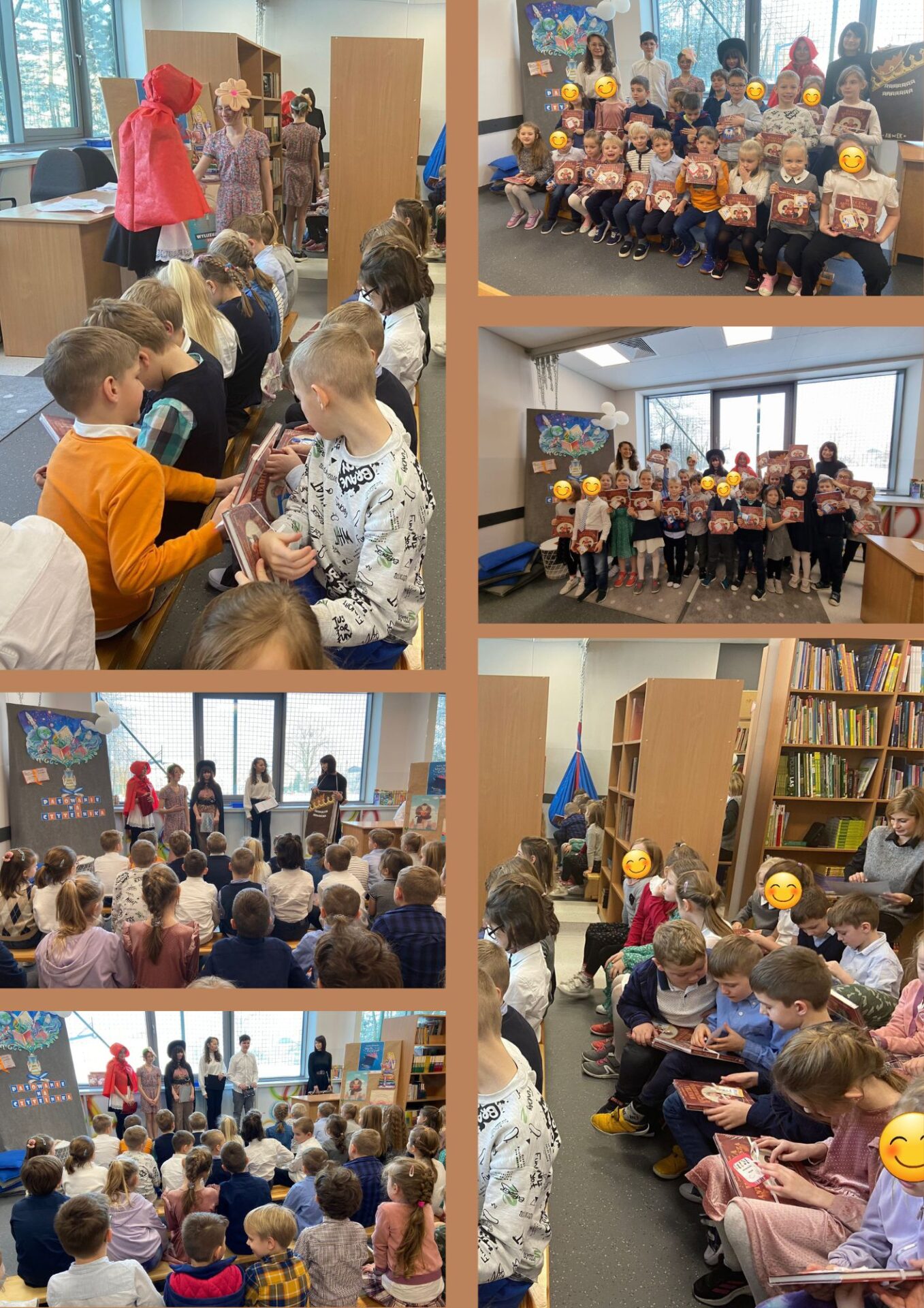 Kolaż zdjęć przedstawiający uczniów w czasie pasowania na czytelnika biblioteki szkolnej